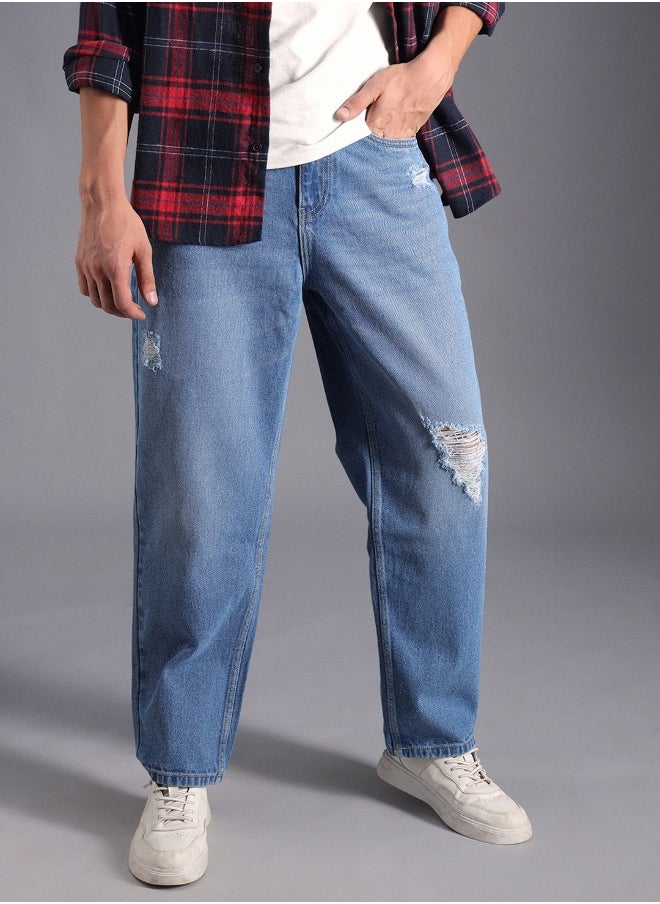 HIGH STAR Men's Indigo 100% Cotton Bleached Full Length Loose Jeans  - Image 3
