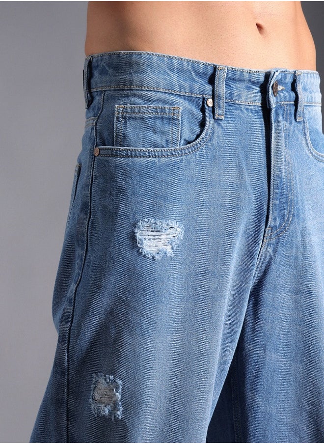 HIGH STAR Men's Indigo 100% Cotton Bleached Full Length Loose Jeans  - Image 4