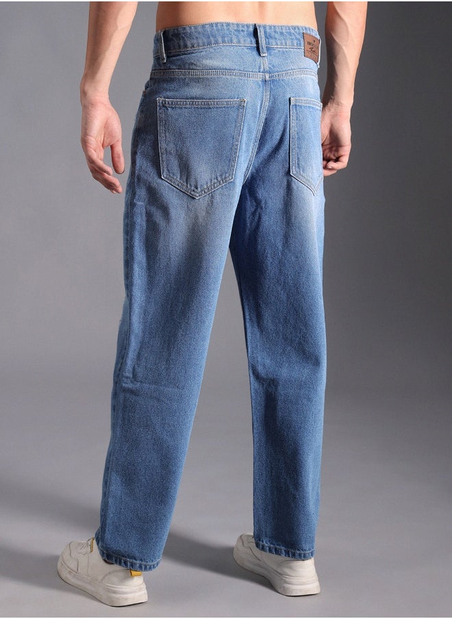 HIGH STAR Men's Indigo 100% Cotton Bleached Full Length Loose Jeans  - Image 2