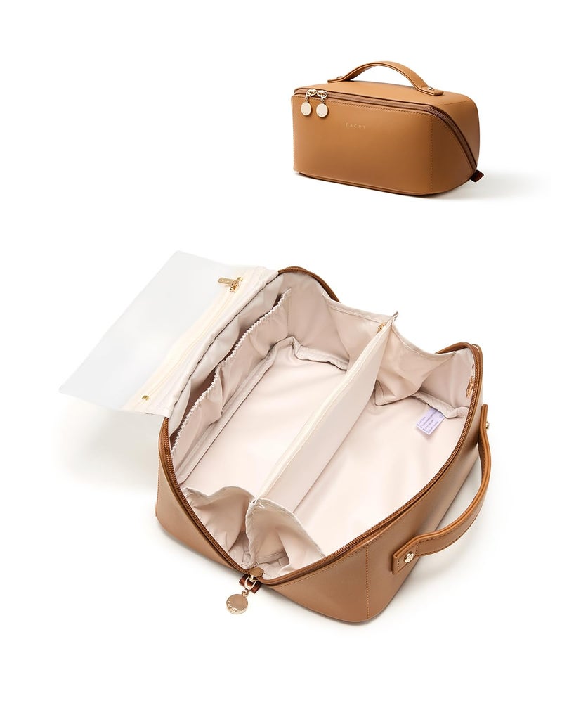 EACHY Travel Makeup Bag,Large Capacity Cosmetic Bags for Women,Waterproof Portable Pouch Open Flat Toiletry Bag Make up Bag with Divider and Handle - Image 1