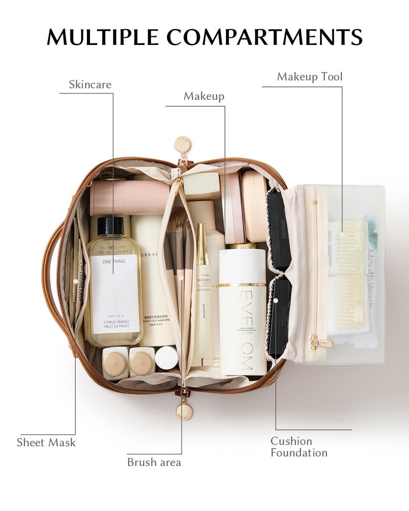 EACHY Travel Makeup Bag,Large Capacity Cosmetic Bags for Women,Waterproof Portable Pouch Open Flat Toiletry Bag Make up Bag with Divider and Handle - Image 4