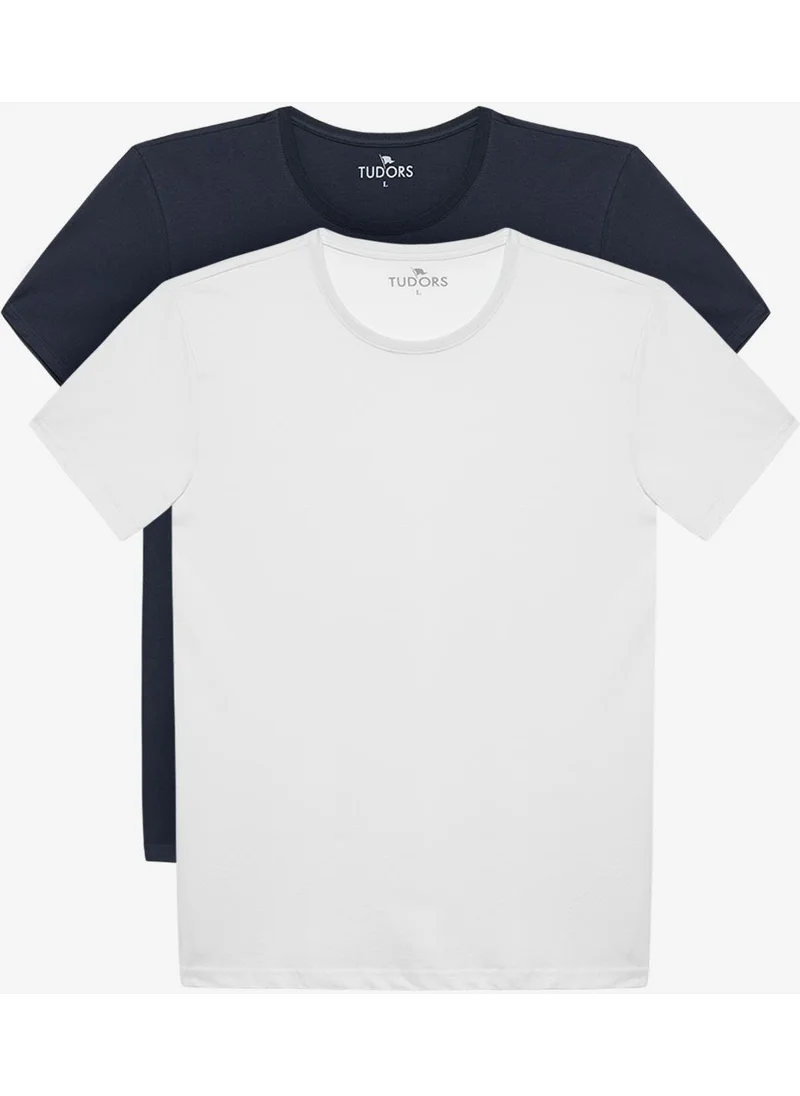 Tudors Unisex 2-Pack White-Navy Blue Slim Fit Narrow Cut 100% Cotton Crew Neck T-Shirt