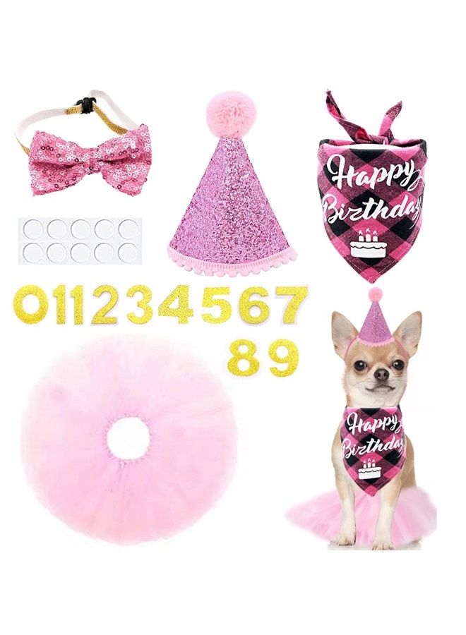 pet show 4Pcs Pink Dog Birthday Hat with 11 (0-9) Numbers Happy Birthday Bandana Dogs Bowties Tutu Dress Set for Small Dogs Cats Puppy Party Wedding Supplies - Image 1