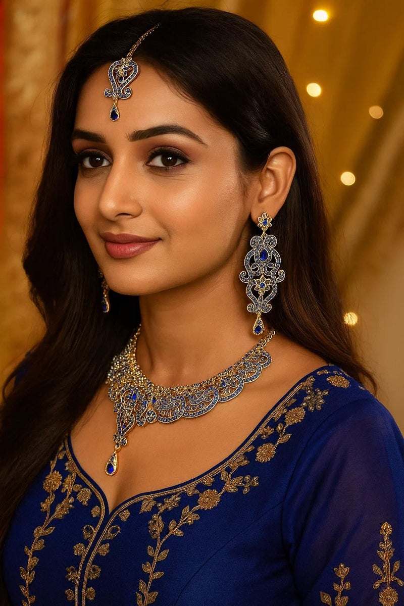 Touchstone Indian jewelry sets for women wedding bridal gold necklace bollywood desi jewellery gift party wear elegant faux blue sapphire rhinestone statement simple maang tikka bride accessories - Image 4