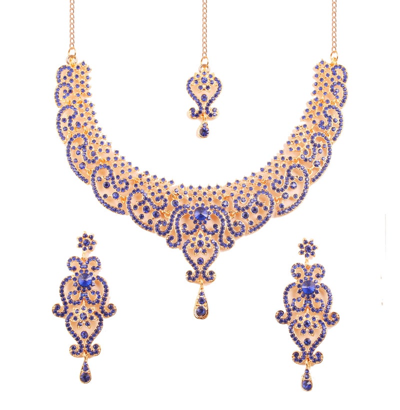 Touchstone Indian jewelry sets for women wedding bridal gold necklace bollywood desi jewellery gift party wear elegant faux blue sapphire rhinestone statement simple maang tikka bride accessories - Image 1