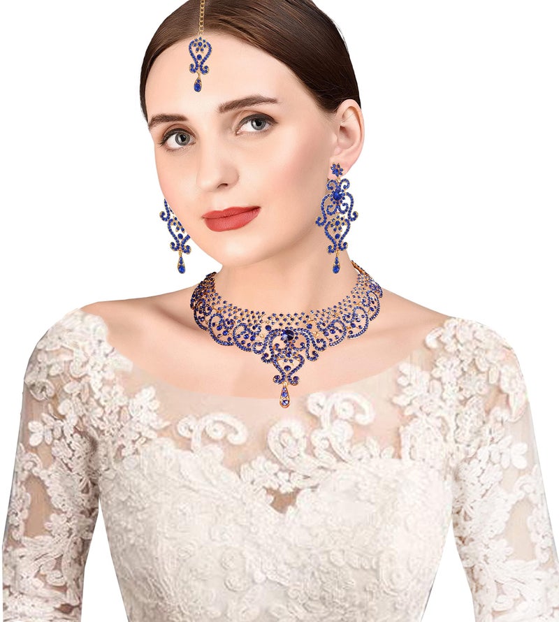 Touchstone Indian jewelry sets for women wedding bridal gold necklace bollywood desi jewellery gift party wear elegant faux blue sapphire rhinestone statement simple maang tikka bride accessories - Image 2