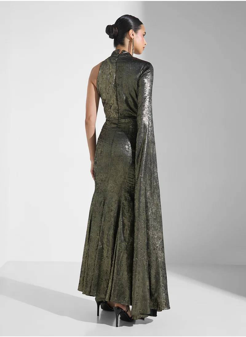 Threadz by Ajooni One Shoulder Cape Metallic Dress