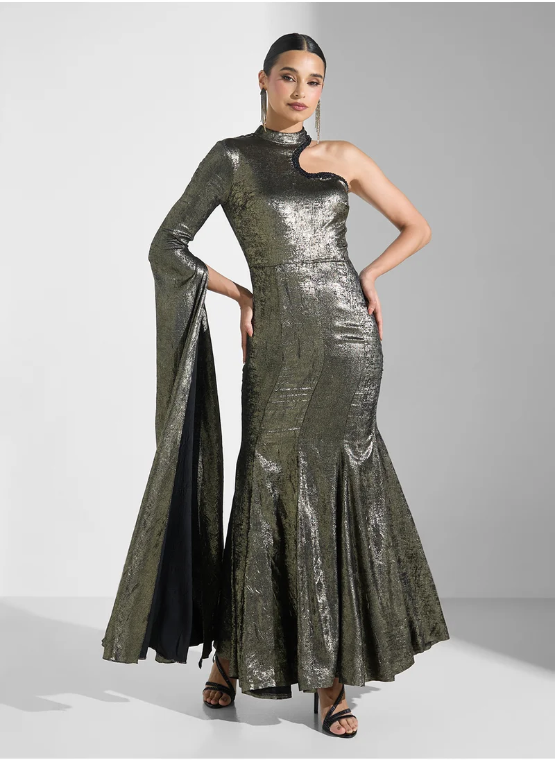 Threadz by Ajooni One Shoulder Cape Metallic Dress