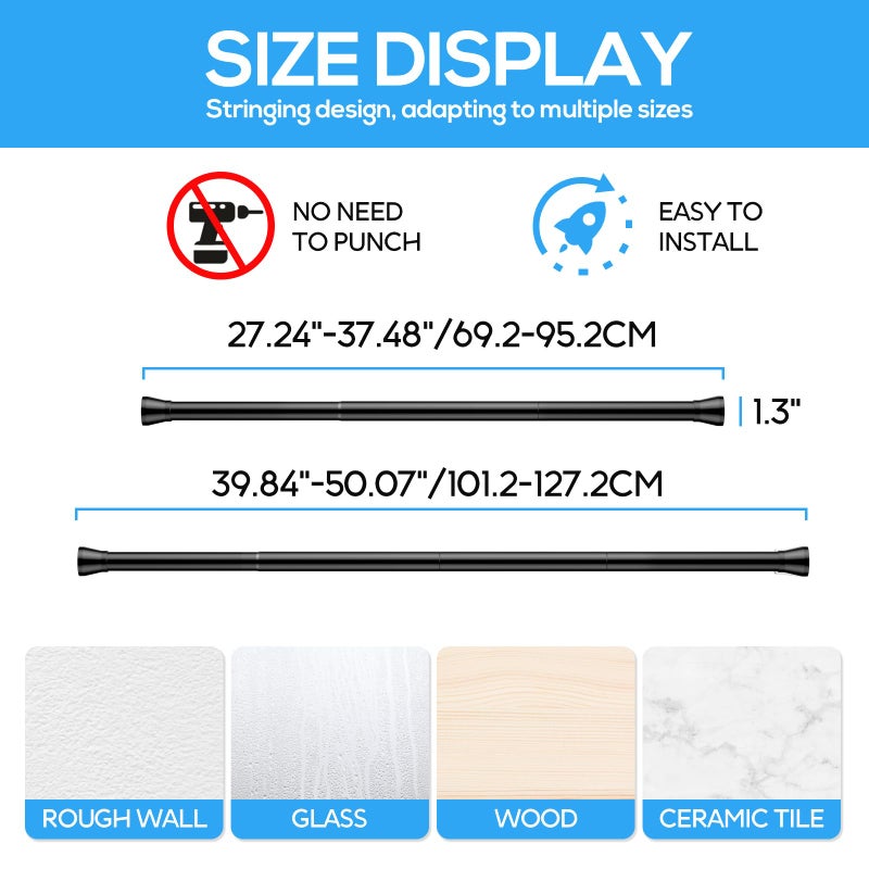 ZipGlo Tension Curtain Rod Black Tension Rod 28 To 48 Inch Spring Curtain Rods Non Slip Tension Rods 1pcs For Windows No Drilling Adjustable Tension Rods of Curtains Window Closet Kitchen Wardrobe - Image 5