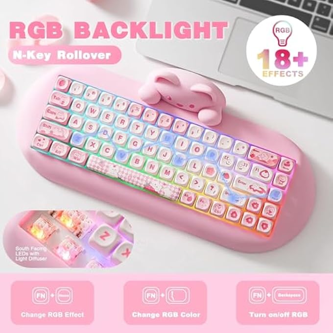 rayihni C68 WIRELESS MECHANICAL KEYBOARD,65% LAYOUT,HOT SWAP,TRIPLE MODE BT5.0/2.4G/WIRED, RGB BACKLIT NKRO,CUTE CAT SILICONE ERGONOMIC DESIGN FOR WIN/MAC (MILK SWITCH, PINK) - Image 3