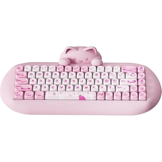 rayihni C68 WIRELESS MECHANICAL KEYBOARD,65% LAYOUT,HOT SWAP,TRIPLE MODE BT5.0/2.4G/WIRED, RGB BACKLIT NKRO,CUTE CAT SILICONE ERGONOMIC DESIGN FOR WIN/MAC (MILK SWITCH, PINK) - Image 1