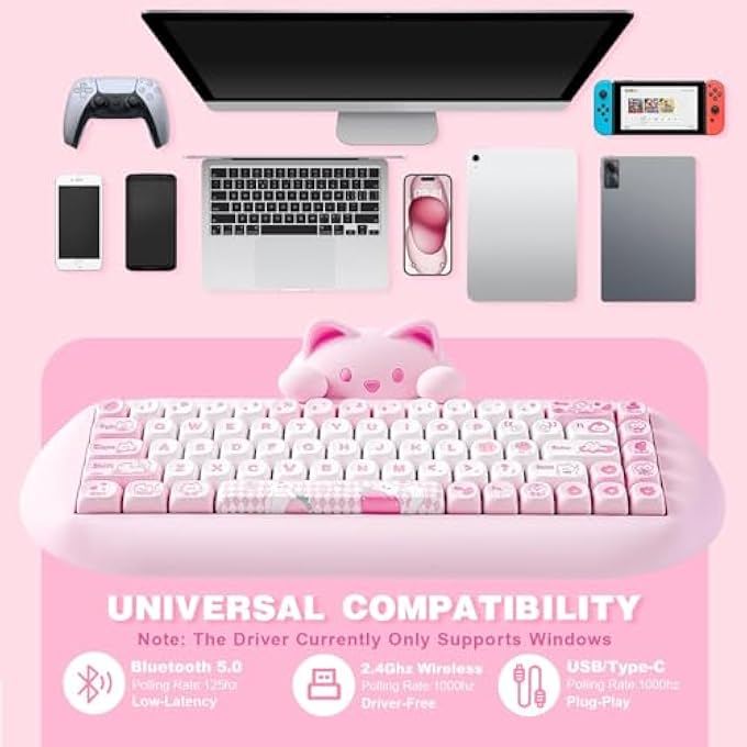 rayihni C68 WIRELESS MECHANICAL KEYBOARD,65% LAYOUT,HOT SWAP,TRIPLE MODE BT5.0/2.4G/WIRED, RGB BACKLIT NKRO,CUTE CAT SILICONE ERGONOMIC DESIGN FOR WIN/MAC (MILK SWITCH, PINK) - Image 2