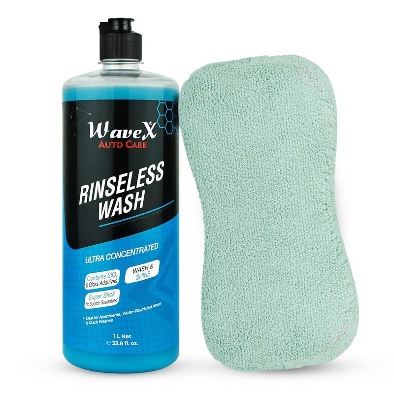 Wavex Rinseless Wash RTU Combo with Washing Sponge | Eco-Friendly Car Wash Without Hose or Running Water | Quick & Safe Cleaning Solution for Cars & Bikes | Streak-Free, Glossy Finish | 1000ml - Image 1