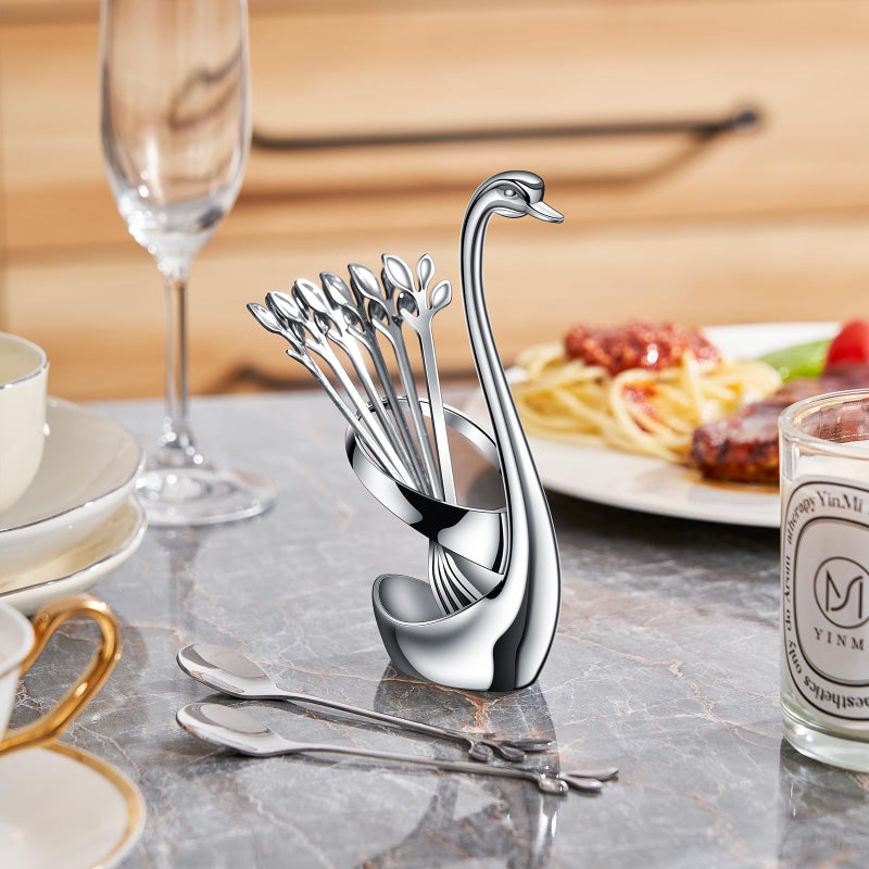 AnSaw Silver Swan Base Holder Set with 10 Pcs 4.7" Mini Leaf Teaspoons & Dessert Forks - Perfect for Appetizers,Salads,Cakes,Fruits,Cocktails,Tea,Espresso - Beautify Your Charcuterie Board Layout - Image 5