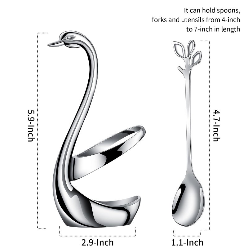 AnSaw Silver Swan Base Holder Set with 10 Pcs 4.7" Mini Leaf Teaspoons & Dessert Forks - Perfect for Appetizers,Salads,Cakes,Fruits,Cocktails,Tea,Espresso - Beautify Your Charcuterie Board Layout - Image 2