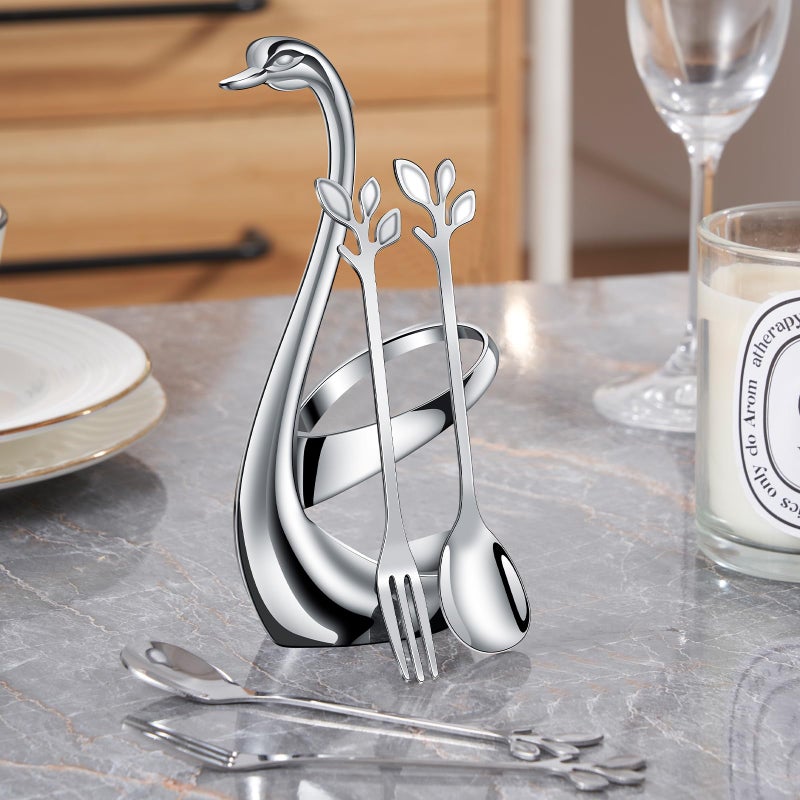 AnSaw Silver Swan Base Holder Set with 10 Pcs 4.7" Mini Leaf Teaspoons & Dessert Forks - Perfect for Appetizers,Salads,Cakes,Fruits,Cocktails,Tea,Espresso - Beautify Your Charcuterie Board Layout - Image 4