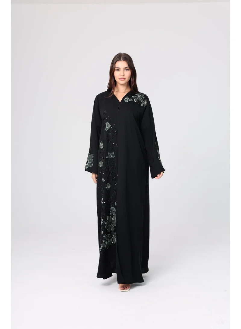 IKKXA Beaded Green Floral Embroidery Abaya ABY1124