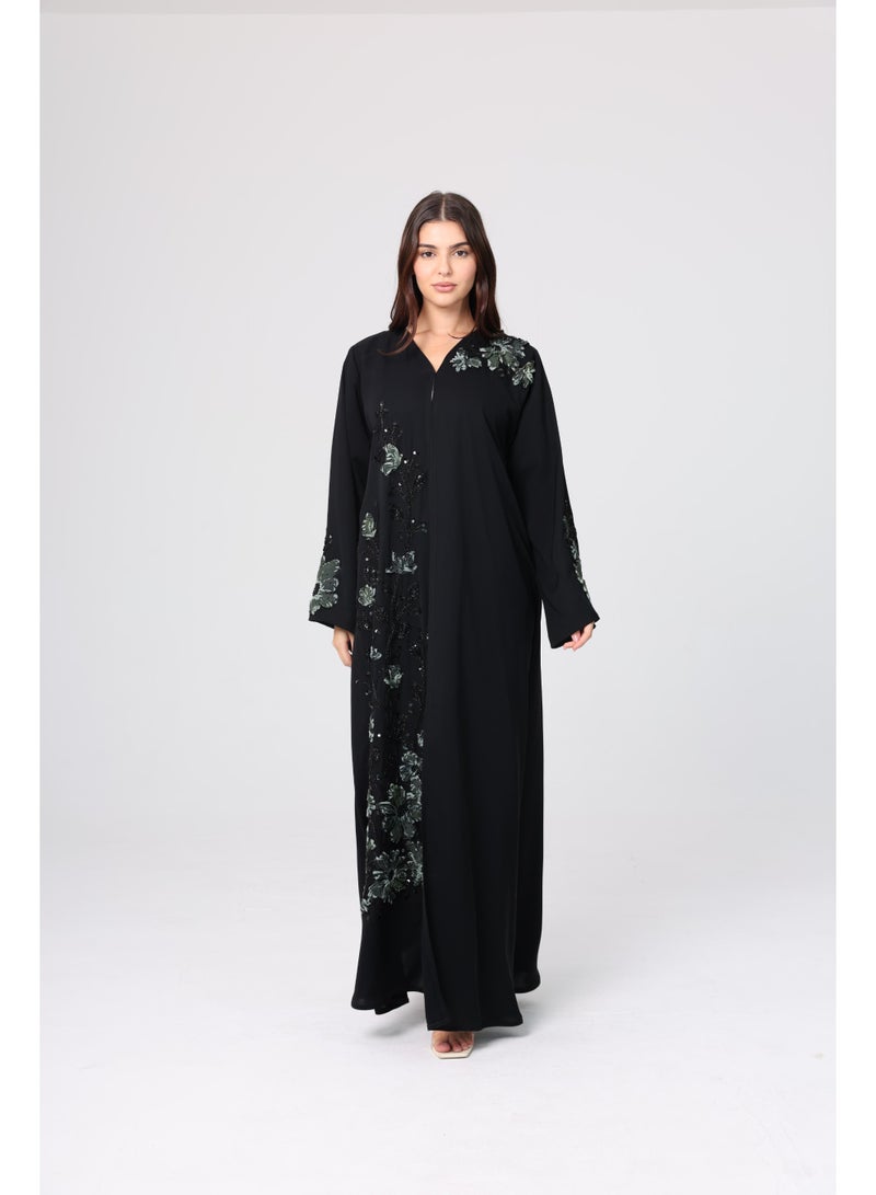 IKKXA Beaded Green Floral Embroidery Abaya ABY1124 - Image 4