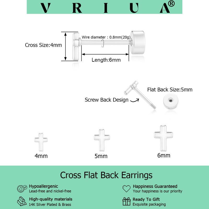 VRIUA Hypoallergenic Flat Back Earrings for Women - 14K Silver Plated Small Cross Flat Back Stud Earrings Cartilage Helix Piercing Jewelry - Image 4