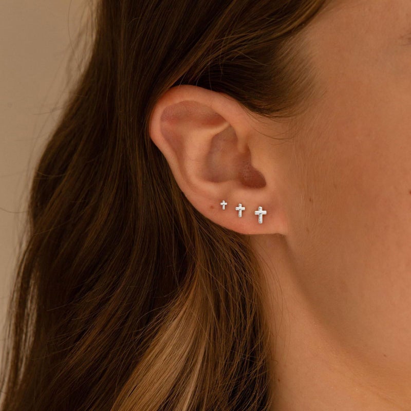 VRIUA Hypoallergenic Flat Back Earrings for Women - 14K Silver Plated Small Cross Flat Back Stud Earrings Cartilage Helix Piercing Jewelry - Image 5