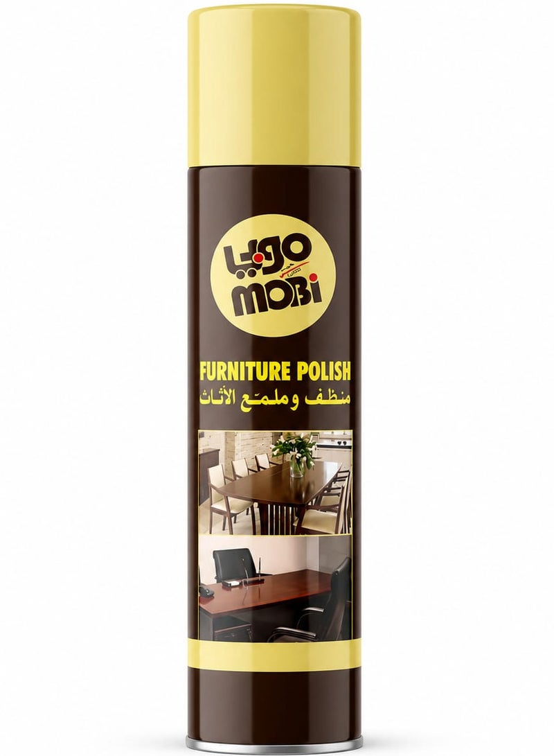 Mobi furniture cleaner and polish spray; protects and polishes wood and metal surfaces; 300 ml capacity.
