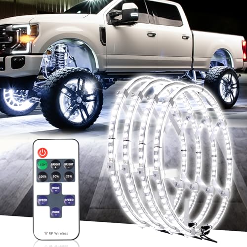 Tavaray 4PCS 14" Super Bright Double Row Pure White Wheel Lights, Remote Control with Flashing Modes, IP67 Waterproof, 6500K LED Wheel Ring Lights for Trucks Cars SUV Pickup Vehicles Offroad - Image 1