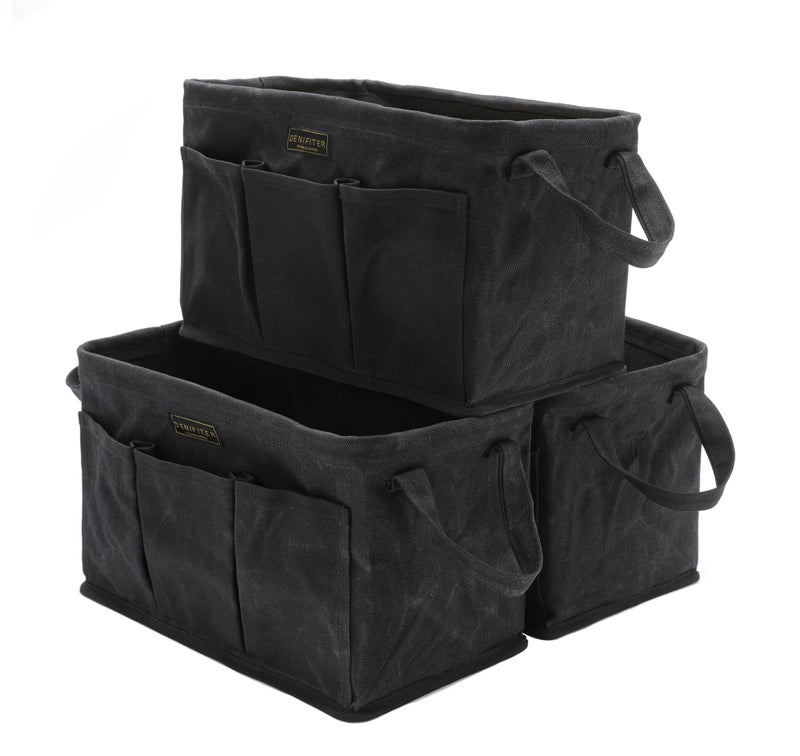 Denifiter 3-Pack Storage Tool Case Set, 13.8 x 7.8 x 7.8 Inches, Rectangular Waxed Canvas Fabric Collapsible Tool Bag with Handles for Tools,Wrench Set,Screwdrivers (Black) - Image 1