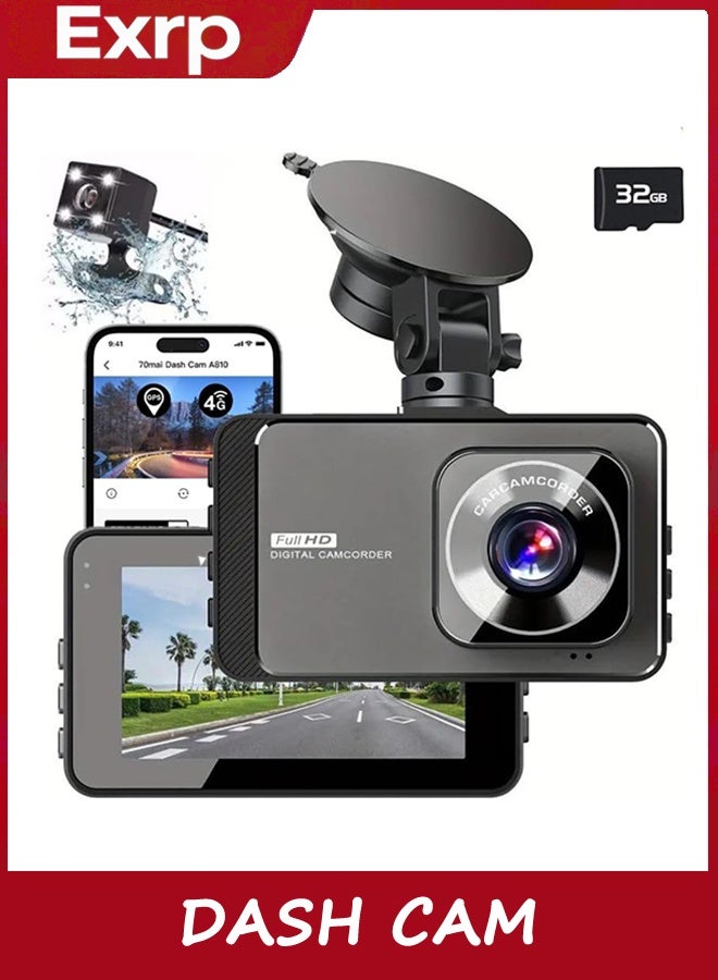 Exrp Dash Cam, 4K Ultra HD Front Camera+2K Rear Cameras, 5G WiFi - Fastest Download speeds app, Support iOS Android,WDR Night Vision, Car Camera with 3" IPS Screen 32GB Card,24H Parking Mode - Image 1