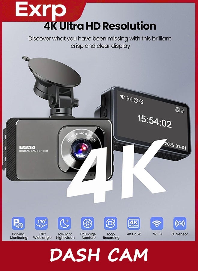 Exrp Dash Cam, 4K Ultra HD Front Camera+2K Rear Cameras, 5G WiFi - Fastest Download speeds app, Support iOS Android,WDR Night Vision, Car Camera with 3" IPS Screen 32GB Card,24H Parking Mode - Image 2