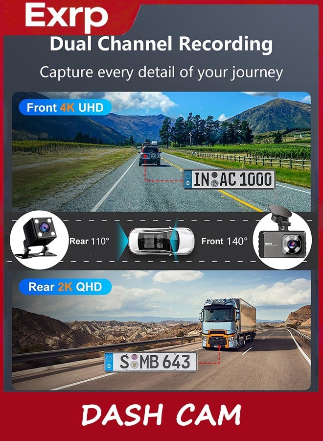 Exrp Dash Cam, 4K Ultra HD Front Camera+2K Rear Cameras, 5G WiFi - Fastest Download speeds app, Support iOS Android,WDR Night Vision, Car Camera with 3" IPS Screen 32GB Card,24H Parking Mode - Image 4