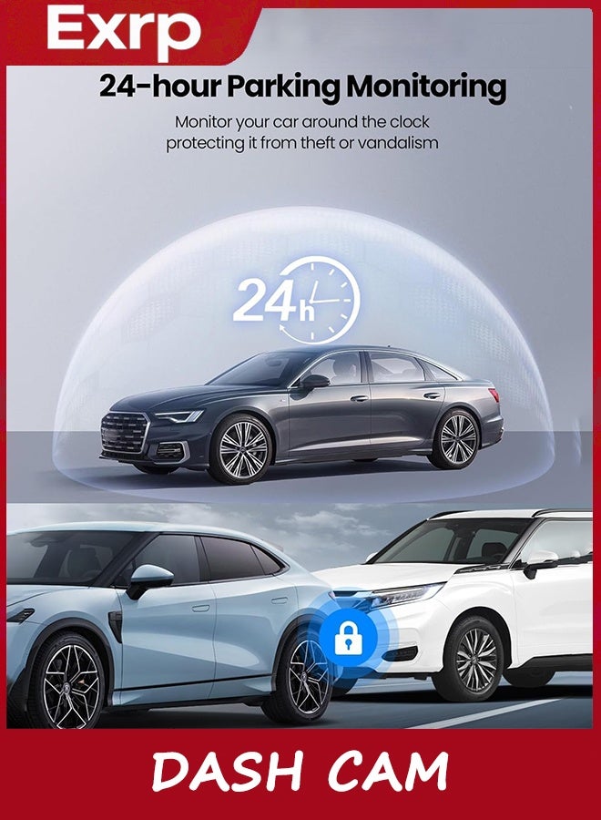 Exrp Dash Cam, 4K Ultra HD Front Camera+2K Rear Cameras, 5G WiFi - Fastest Download speeds app, Support iOS Android,WDR Night Vision, Car Camera with 3" IPS Screen 32GB Card,24H Parking Mode - Image 3