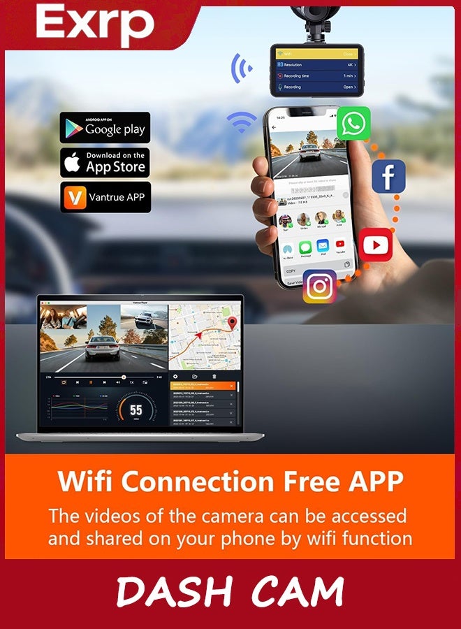 Exrp Dash Cam, 4K Ultra HD Front Camera+2K Rear Cameras, 5G WiFi - Fastest Download speeds app, Support iOS Android,WDR Night Vision, Car Camera with 3" IPS Screen 32GB Card,24H Parking Mode - Image 5