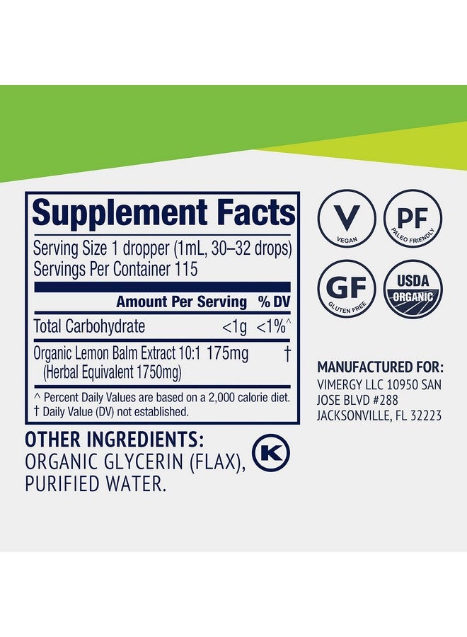 Vimergy Organic Lemon Balm Tincture Herbal Supplement - 175 mg of 10:1 Lemon Balm Extract per Serving, can be Used in Tea - USDA Certified Organic, Non-GMO, Alcohol-Free -115 mL (1 mL/Serving) - Image 4