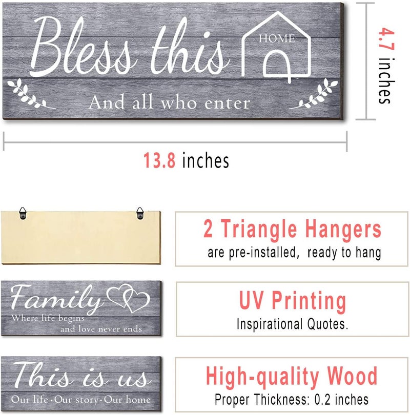 Joyhawk 4 Pieces Wall Decor Signs, THIS IS US, TOGETHER, BLESS THIS HOME, FAMILY Rustic Wooden Farmhouse Wall Art Décor For Living Room Bedroom Kitchen, 4.7 x 13.8 Inch(Grey) - Image 2