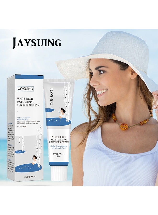 Jaysuing White Birch Moisturizing Sunscreen Cream,SPF 50+,Whitening Sunscreen Cream Isolating Sunscreen ,Waterproof Sunscreen Uv Isolation Cream Sweatproof Sunscreen For Face and Body 50ml - Image 1