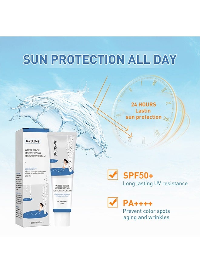 Jaysuing White Birch Moisturizing Sunscreen Cream,SPF 50+,Whitening Sunscreen Cream Isolating Sunscreen ,Waterproof Sunscreen Uv Isolation Cream Sweatproof Sunscreen For Face and Body 50ml - Image 2