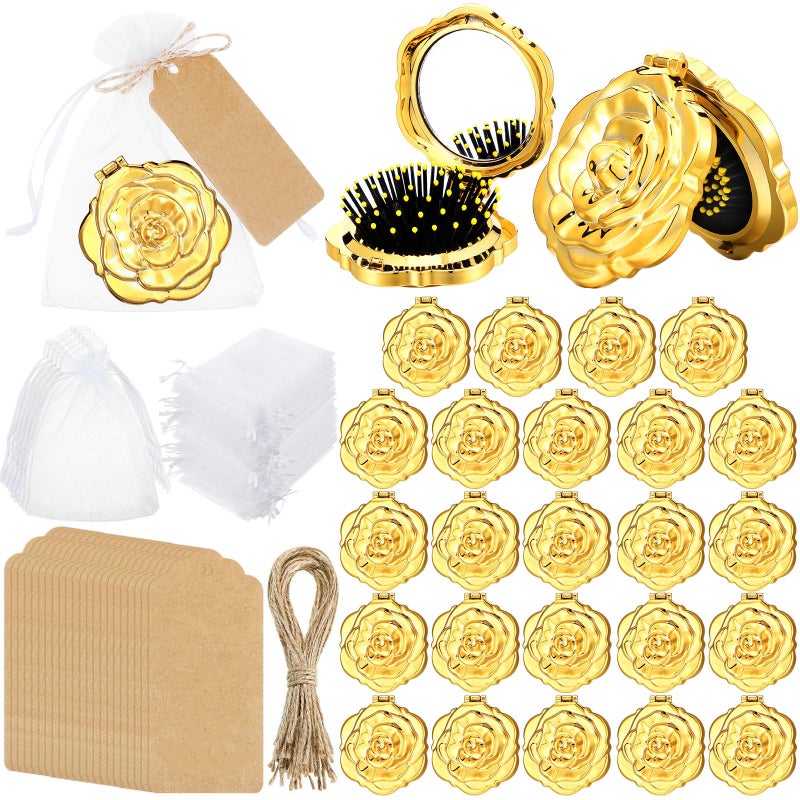 Singhoow 24 Sets Rose Compact Mirrors Brush Bulk Quinceanera Party Favors for Guests Travel Mirror Thank You Gifts Bulk for Sweet 16 15 Party Favors Bridal Shower Wedding Souvenirs(Gold) - Image 1