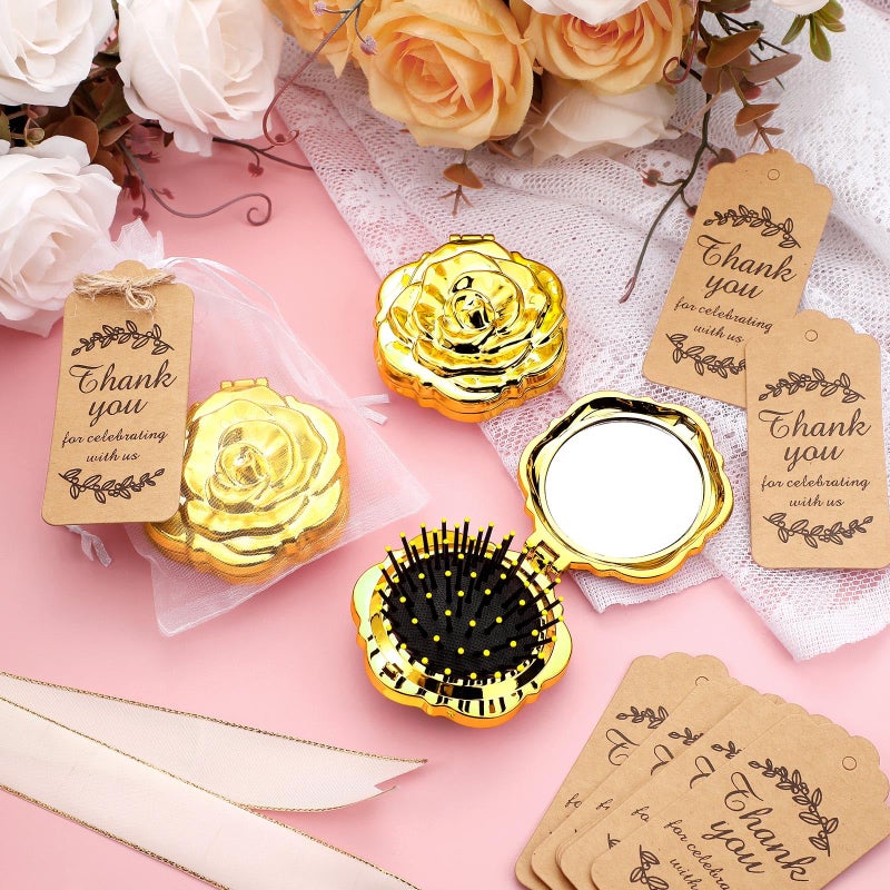 Singhoow 24 Sets Rose Compact Mirrors Brush Bulk Quinceanera Party Favors for Guests Travel Mirror Thank You Gifts Bulk for Sweet 16 15 Party Favors Bridal Shower Wedding Souvenirs(Gold) - Image 5