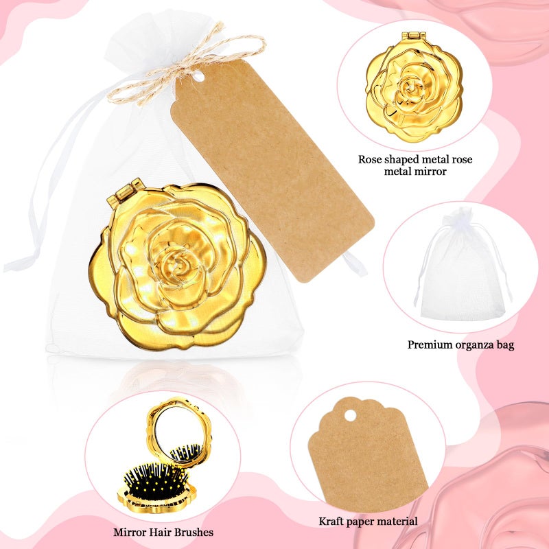 Singhoow 24 Sets Rose Compact Mirrors Brush Bulk Quinceanera Party Favors for Guests Travel Mirror Thank You Gifts Bulk for Sweet 16 15 Party Favors Bridal Shower Wedding Souvenirs(Gold) - Image 3