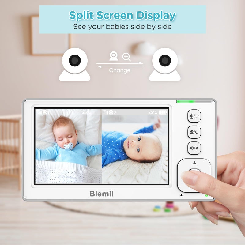 Blemil Baby Monitor with 2 Cameras and Audio, 4.3'' IPS Split-Screen Monitor with 29-Hour Battery, 1000ft Range Pan-Tilt-Zoom Video Baby Monitor No WiFi, 2X Zoom - Image 2