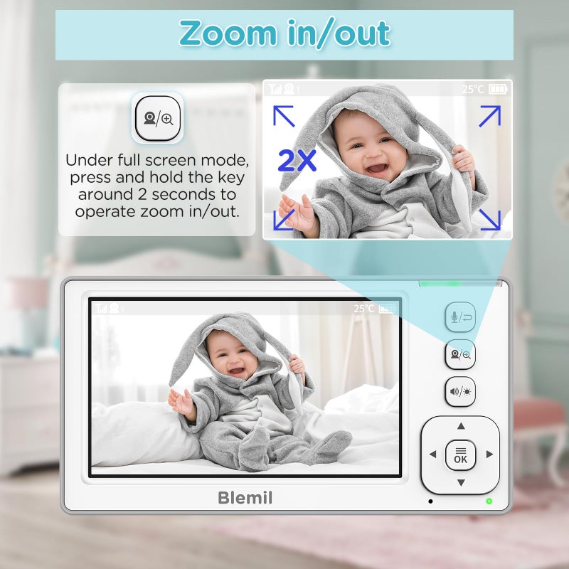 Blemil Baby Monitor with 2 Cameras and Audio, 4.3'' IPS Split-Screen Monitor with 29-Hour Battery, 1000ft Range Pan-Tilt-Zoom Video Baby Monitor No WiFi, 2X Zoom - Image 5