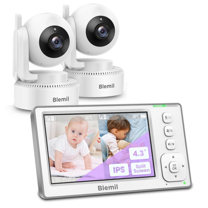 Blemil Baby Monitor with 2 Cameras and Audio, 4.3'' IPS Split-Screen Monitor with 29-Hour Battery, 1000ft Range Pan-Tilt-Zoom Video Baby Monitor No WiFi, 2X Zoom - Image 1