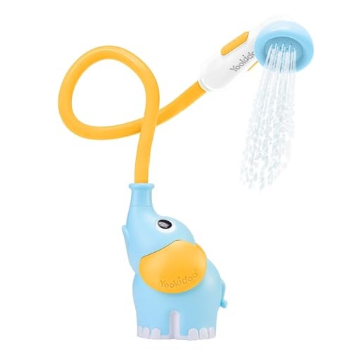 Yookidoo Baby Bath Shower Head - Elephant Water Pump with Trunk Spout Rinser - Control Water Flow from 2 Knobs for Maximum Fun in Tub or Sink for Newborn Babies (Blue and Orange) - Image 1