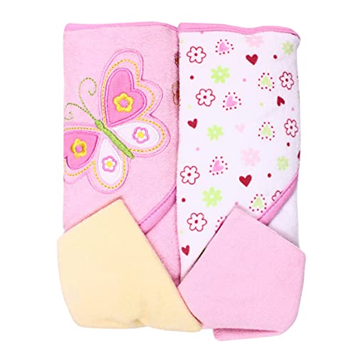 Spasilk Bath Hooded Towels & Washcloths Set for Babies, 2 Hooded Terry Bath Towels & 2 Washcloths, Pink Butterfly - Image 1