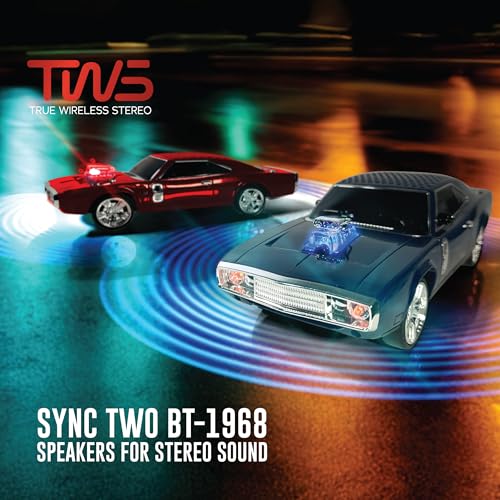 QFX Bluetooth 1968 Retro Muscle Car Replica Speaker, Dual 2-inch Speakers, Hands Free Link, Built-in Microphone, FM Radio and LED Party Lights, Blue - BT-1968-BLU - Image 5