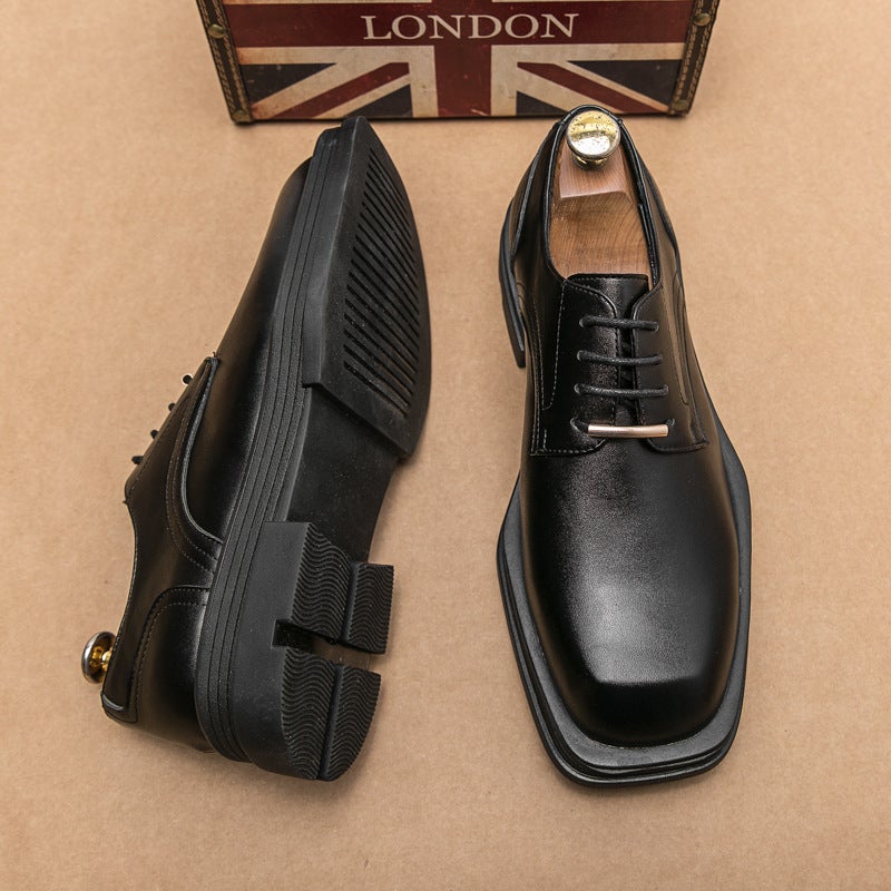New Business Formal Wear Men'S Square Toe Casual Leather Shoes Korean Style Trendy Platform Shoes - Image 2