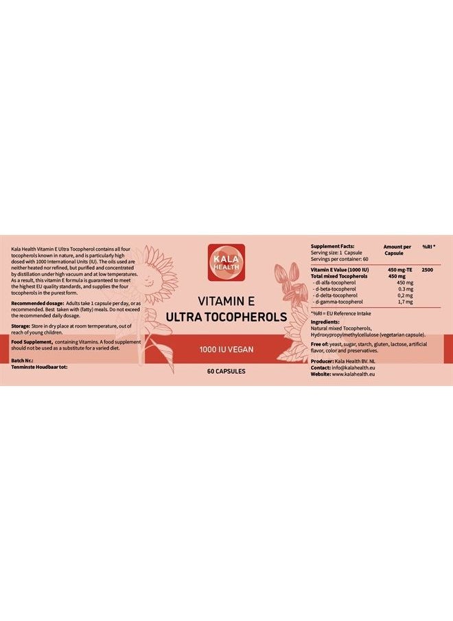 Kala Health - Vitamin E 1000 IU Ultra Tocopherol 450mg Vitamin E Vegan – all 4 Tocopherols - Alpha Tocopherol + Beta Tocopherol + Gamma Tocopherol + Delta Tocopherol– Unique d Alpha Tocopherol Vitamin E - Image 1