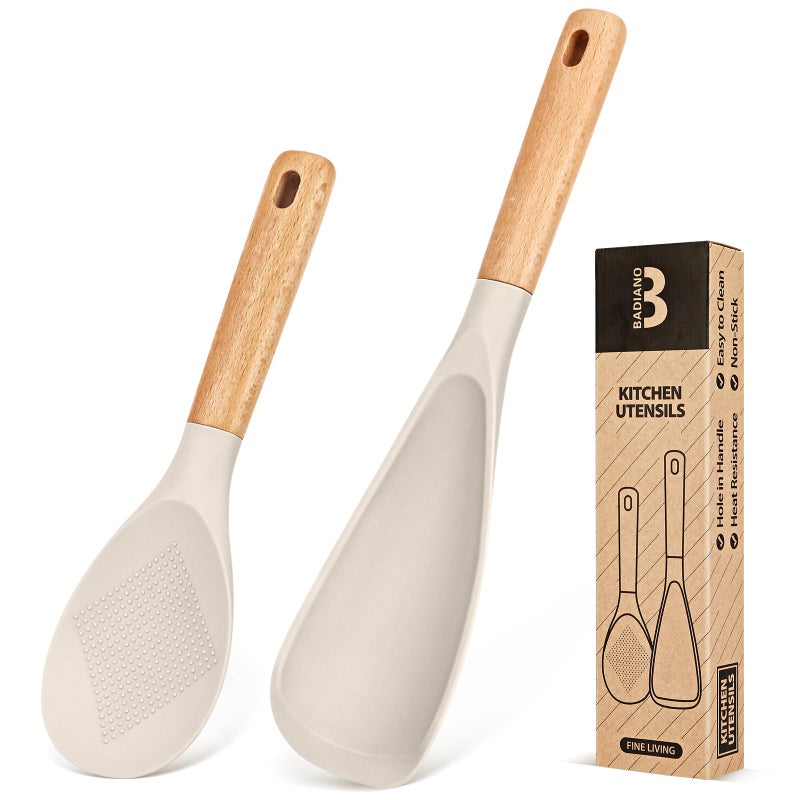 Badiano Cooking Spoon and Rice Scooper for Nonstick Cookwares, Great for Cooking and Serving Sturdy BPA-Free Matte Silicone, Wood Handle Spoon for Mixing, Scoop, and Scrape (KHAKI) - Image 1