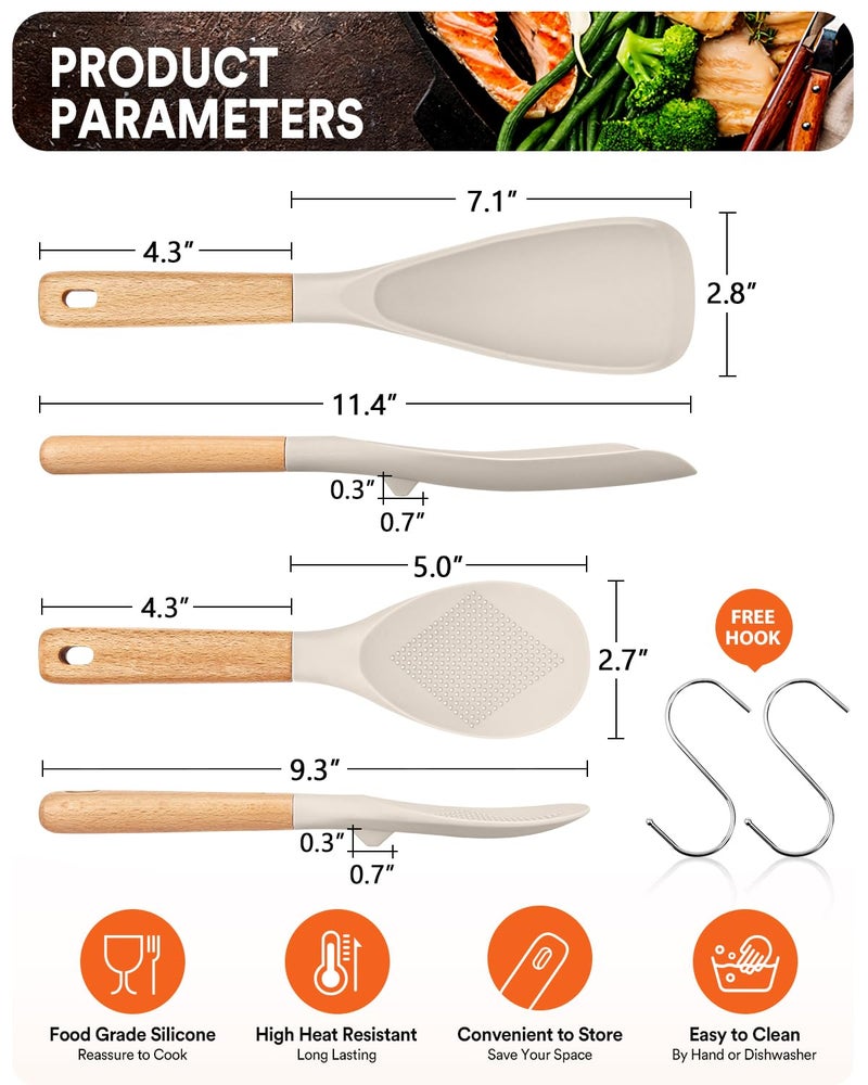 Badiano Cooking Spoon and Rice Scooper for Nonstick Cookwares, Great for Cooking and Serving Sturdy BPA-Free Matte Silicone, Wood Handle Spoon for Mixing, Scoop, and Scrape (KHAKI) - Image 2