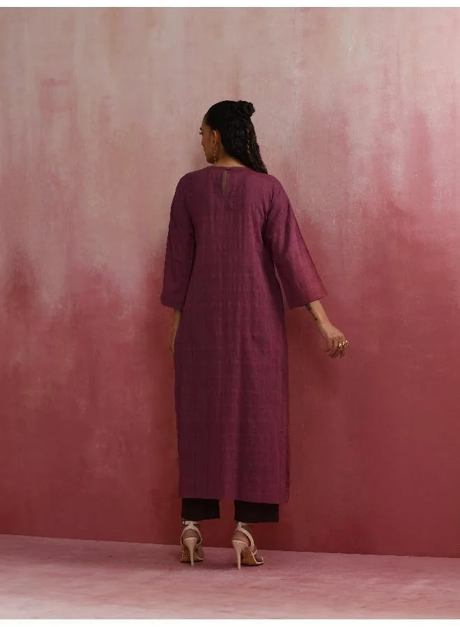 trueBrowns Mauve Cotton Dobby Front Slit Kurta Set